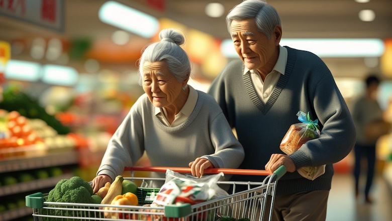 スーパーで買い物をする老夫婦