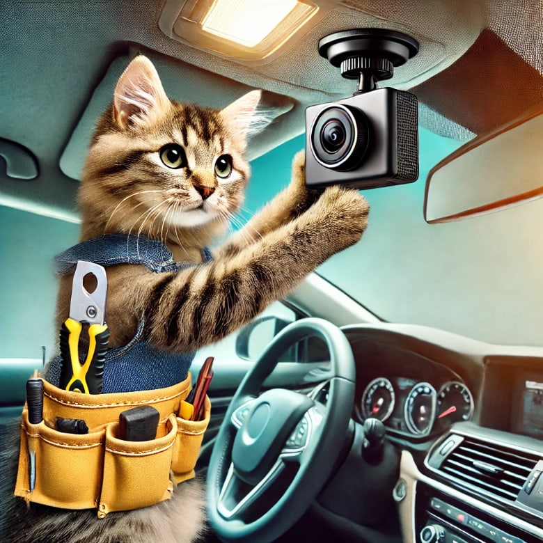 ドライブレコーダーを取り付ける猫