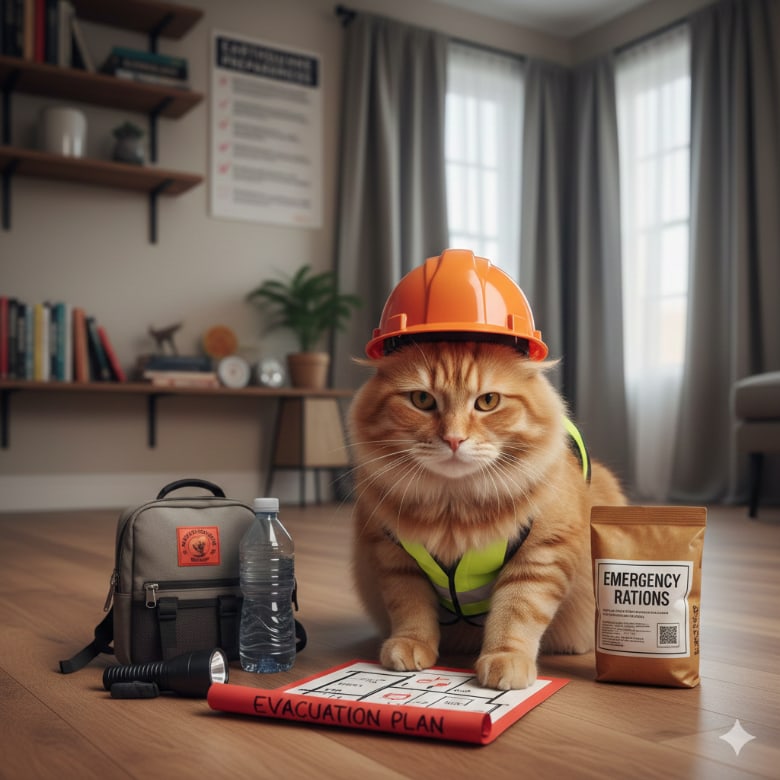 地震に備える猫
