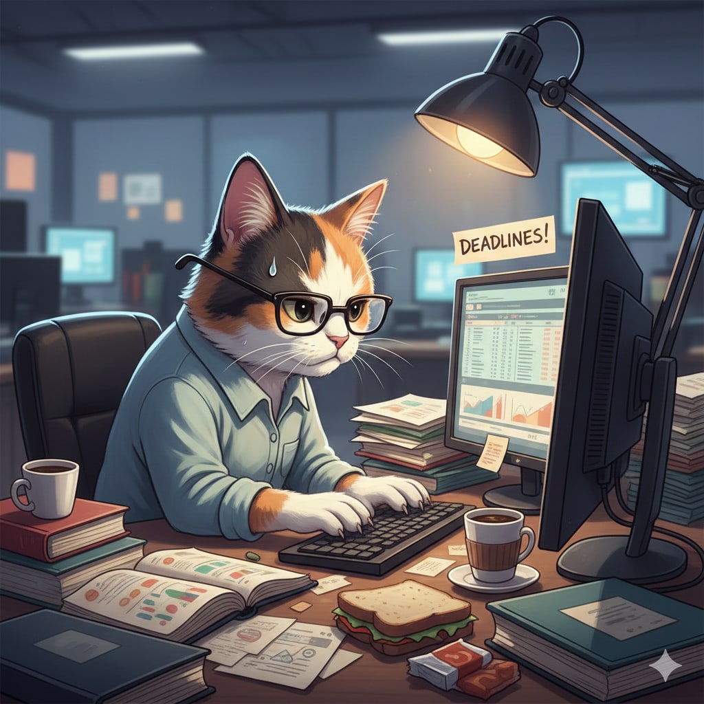 デスクワークする猫